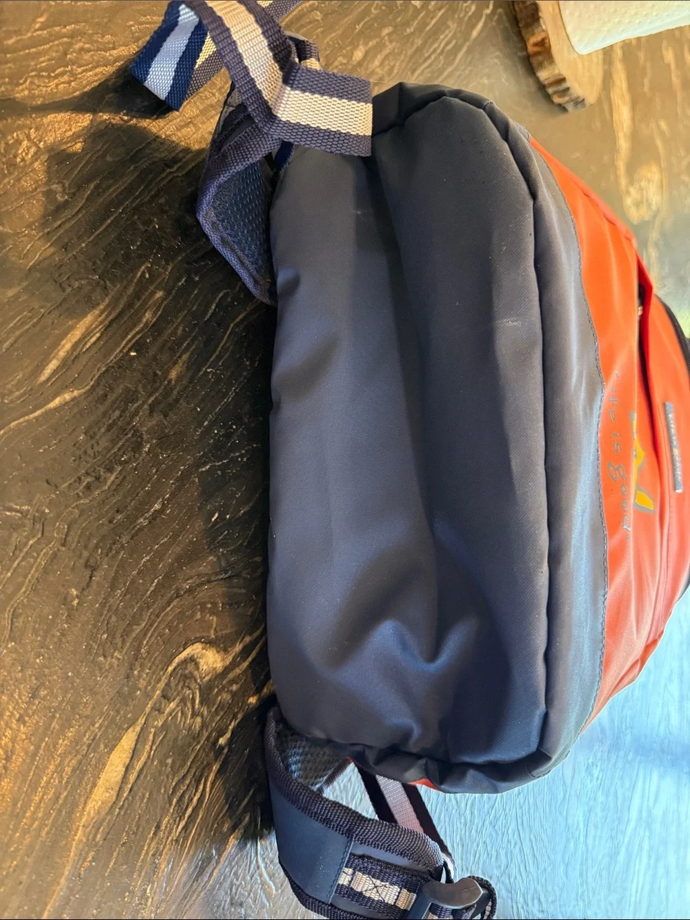 Life Is Good Orange Dog Graphic Pet Backpack with Navy Trim